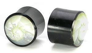 Carved Shell Inlayed on a Horn Plug Organic Body Jewelry 0g - 1 1/4" - Price Per 1