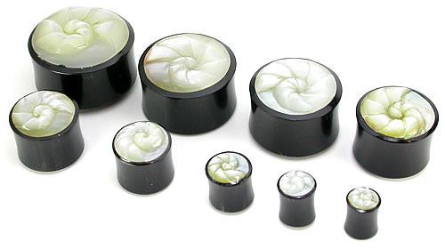 Carved Shell Inlayed on a Horn Plug Organic Body Jewelry 0g - 1 1/4" - Price Per 1