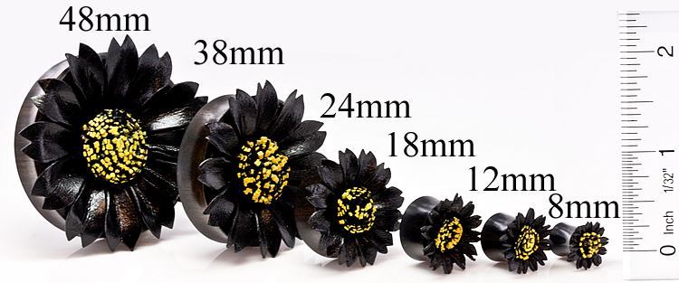 BLACK Flower Painted Leather Double Flare Horn Plug 8mm - 50mm - Price Per 1