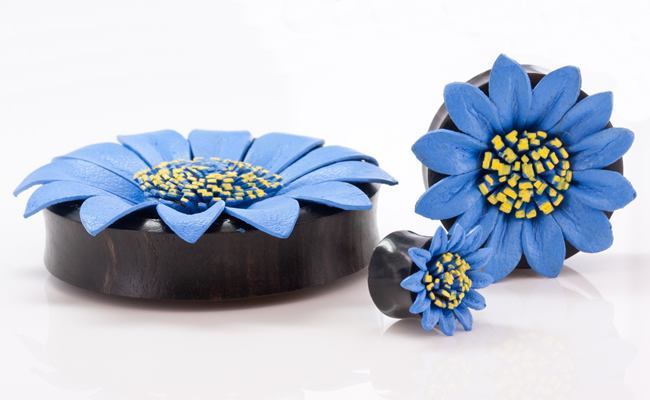 BLUE Flower Painted Leather Double Flare Horn Plug 8mm - 50mm - Price Per 1