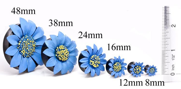 BLUE Flower Painted Leather Double Flare Horn Plug 8mm - 50mm - Price Per 1