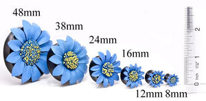 BLUE Flower Painted Leather Double Flare Horn Plug 8mm - 50mm - Price Per 1