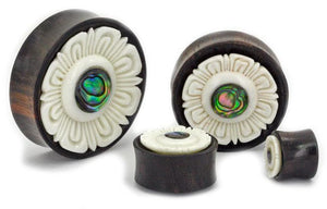 Areng Wood Double Flared Aztec Flower Plug with Abalone Inlay — Price Per 1