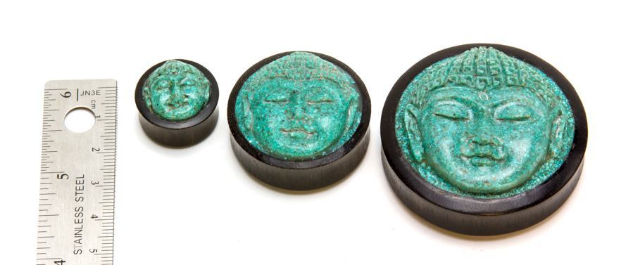 Carved Turquoise Buddha Face Areng Wood Plug — Price Per 1