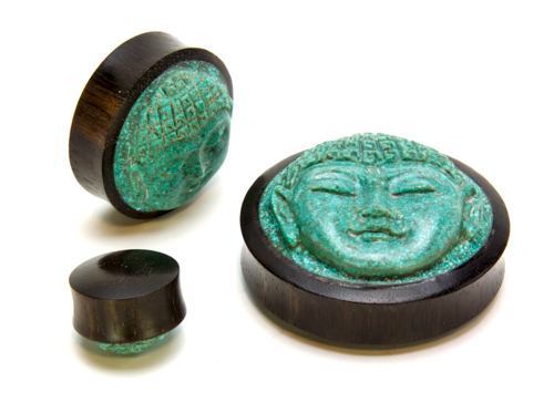 Carved Turquoise Buddha Face Areng Wood Plug — Price Per 1