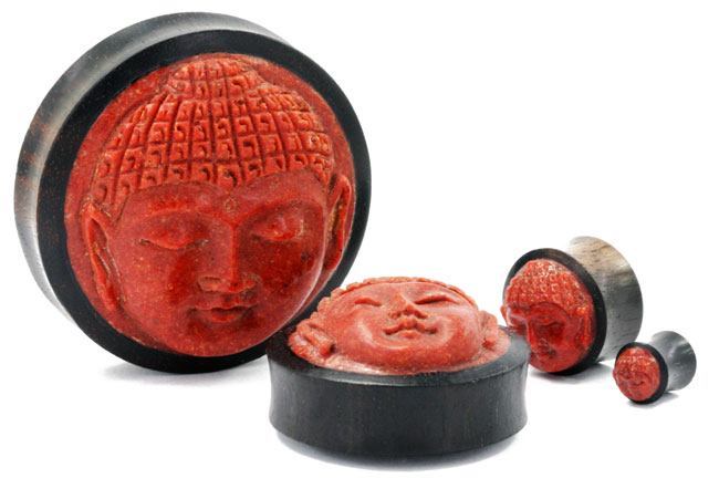 Carved Red Coral Buddha Face on Areng Wood Base Solid Plug - Natural Organic Jewelry 8mm - 50mm Price Per 1