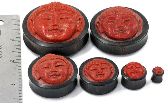 Carved Red Coral Buddha Face on Areng Wood Base Solid Plug - Natural Organic Jewelry 8mm - 50mm Price Per 1