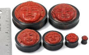 Carved Red Coral Buddha Face on Areng Wood Base Solid Plug - Natural Organic Jewelry 8mm - 50mm Price Per 1