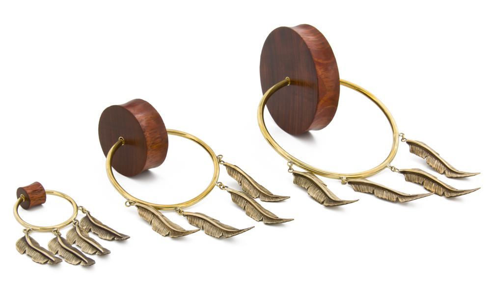 Double Flare Tiger Wood Plug with Polished Bronze Feather Charms - Price Per 1