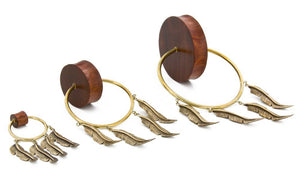 Double Flare Tiger Wood Plug with Polished Bronze Feather Charms - Price Per 1