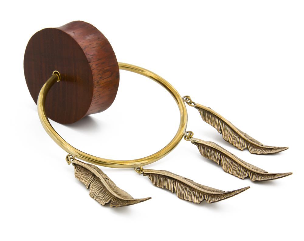 Double Flare Tiger Wood Plug with Polished Bronze Feather Charms - Price Per 1