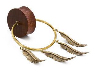 Double Flare Tiger Wood Plug with Polished Bronze Feather Charms - Price Per 1