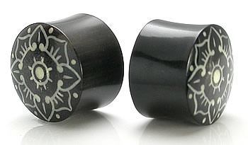 Flower Bone Dust Design Inlay Horn - Wholesale Organic Plugs 12mm - 24mm - Price Per 1