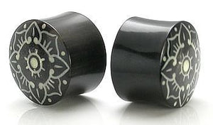 Flower Bone Dust Design Inlay Horn - Wholesale Organic Plugs 12mm - 24mm - Price Per 1