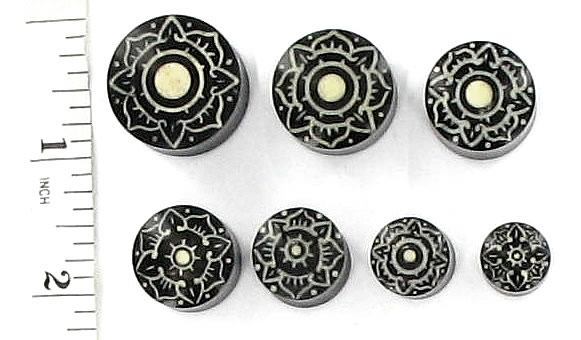 Flower Bone Dust Design Inlay Horn - Wholesale Organic Plugs 12mm - 24mm - Price Per 1