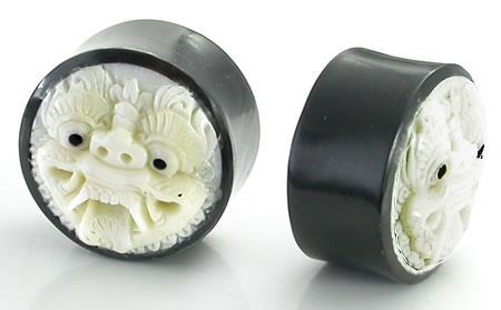 Barong Face Carved Bone Inlayed on Horn Organic Plug Body Jewelry 14mm - 24mm - Price per 1