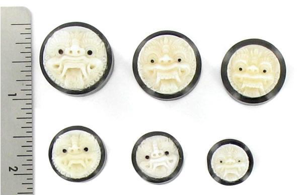 Barong Face Carved Bone Inlayed on Horn Organic Plug Body Jewelry 14mm - 24mm - Price per 1