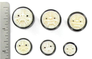 Barong Face Carved Bone Inlayed on Horn Organic Plug Body Jewelry 14mm - 24mm - Price per 1