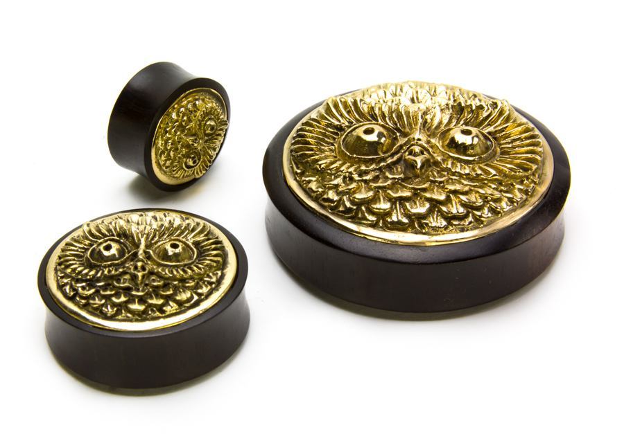 BRASS OWL Inlay Areng Wood Organic Plugs - Price Per 1
