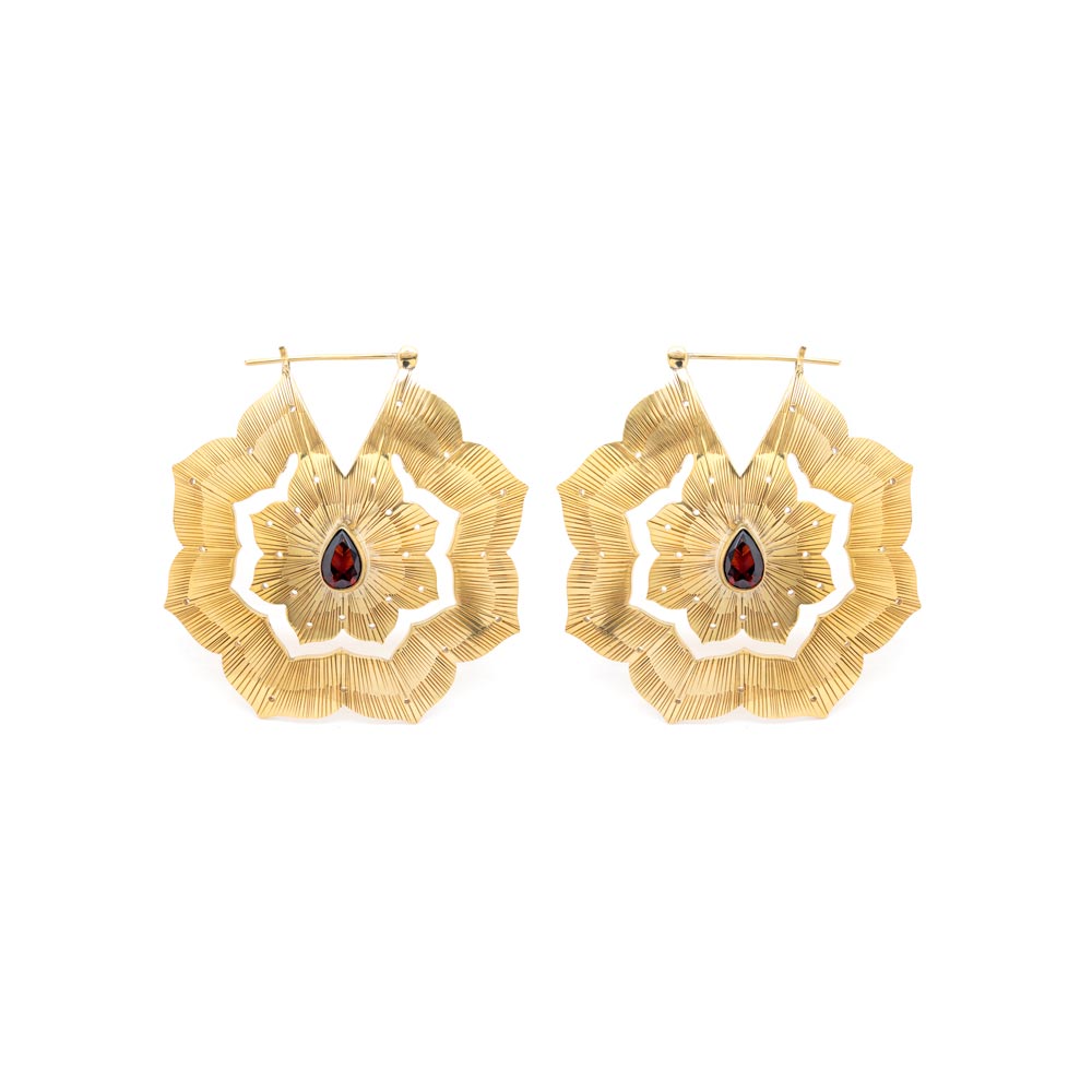 16g Polished Brass Red Jeweled Clematis Earrings — Price Per 2