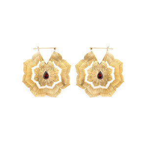 16g Polished Brass Red Jeweled Clematis Earrings — Price Per 2