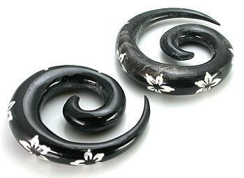 Painted Florals Spiral Black Horn Plug — Price Per 1
