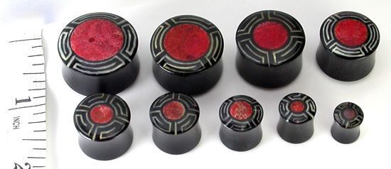 EGYPTIAN with Red Coral Inlay Horn Plug Wholesale Organic Ear Jewelry - Price Per 1