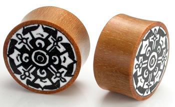 Dharma Circle Design on Red Saba Wood Plug Wholesale Organic Jewelry 14mm-24mm - Price Per 1