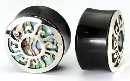 SILVER SUN over Abalone Shell Plug Horn Organic Ear Jewelry - Price Per 1