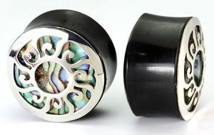 SILVER SUN over Abalone Shell Plug Horn Organic Ear Jewelry - Price Per 1