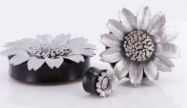 SILVER Sun Flower Painted Leather Double Flare Horn Plug 8mm - 50mm - Price Per 1