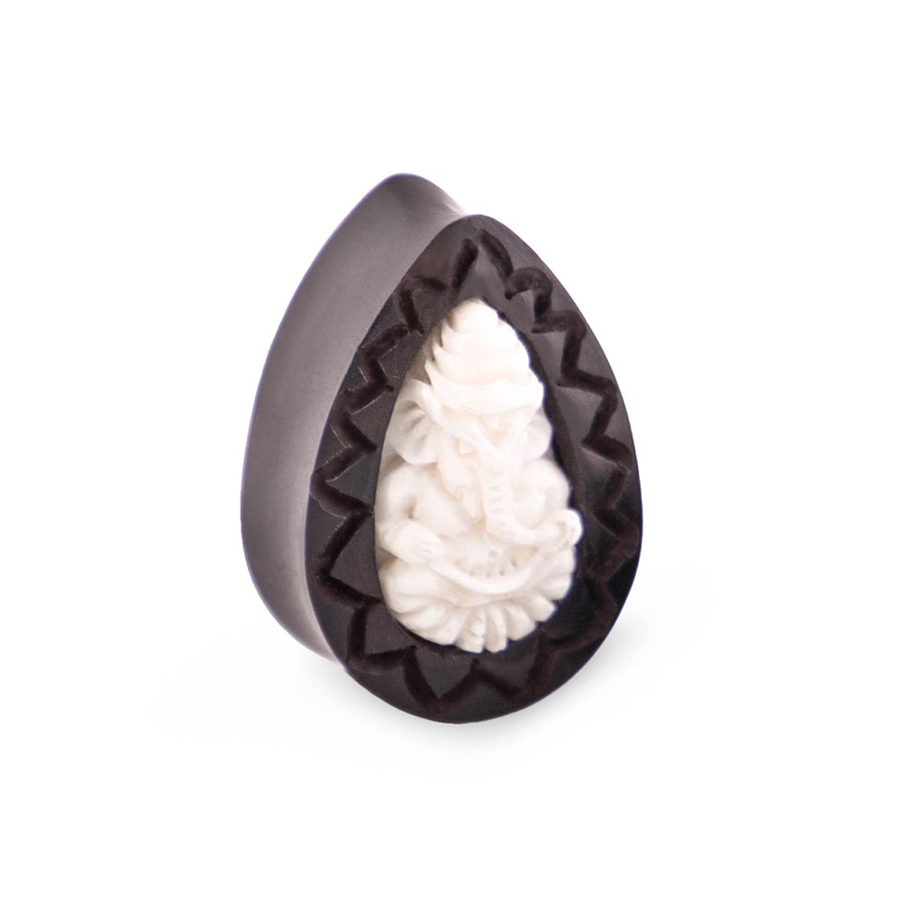 Black Areng Wood 3D Bone Ganesh Elephant Tear Drop Plug — Price Per 1