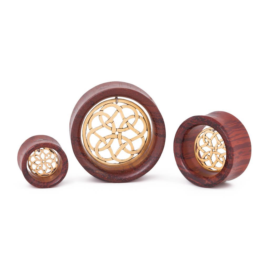 Dangling Brass Mandala Red Tigerwood Tunnel - 14mm-30mm - Price Per 1