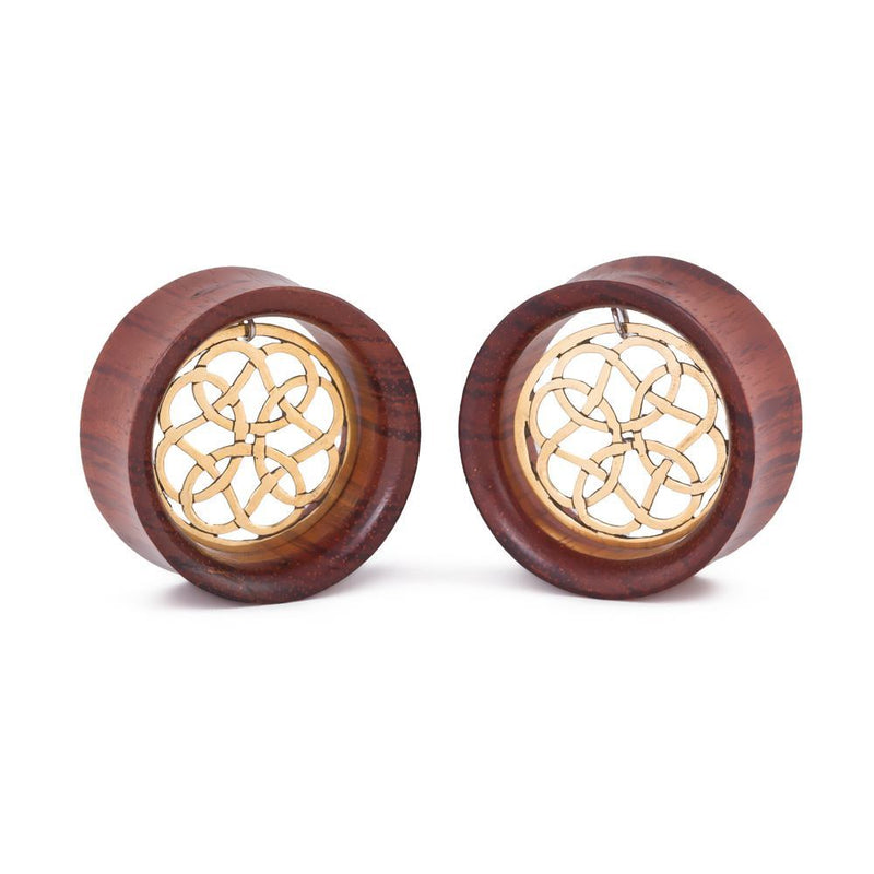 Dangling Brass Mandala Red Tigerwood Tunnel - 14mm-30mm - Price Per 1