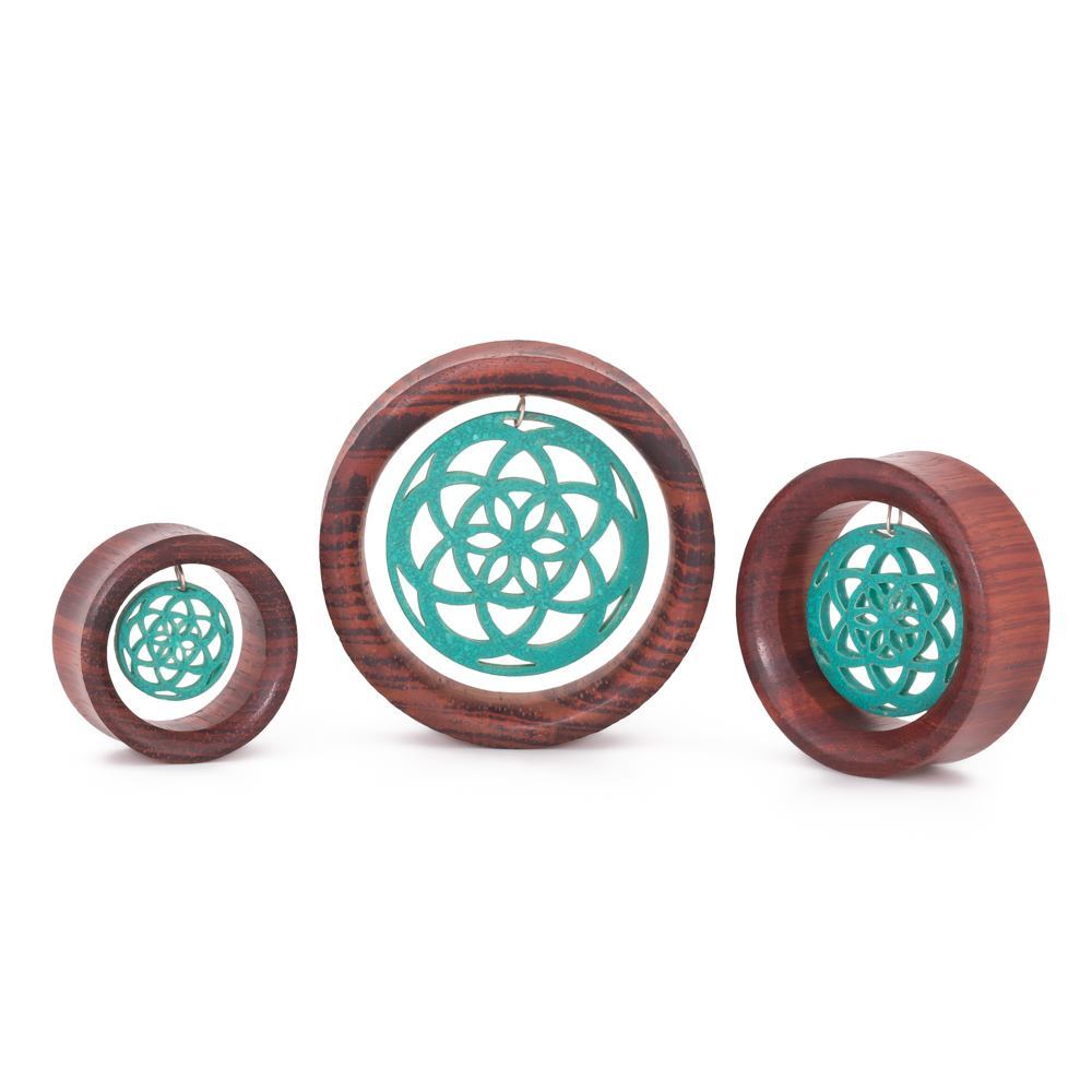 Dangling Turquoise Seed of Life Red Tigerwood Tunnel - 28mm-50mm - Price Per 1
