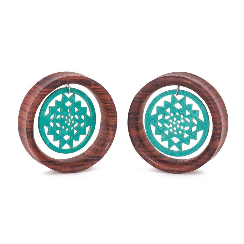 Dangling Turquoise Sri Yantra Red Tigerwood Tunnel - 36mm-50mm - Price Per 1