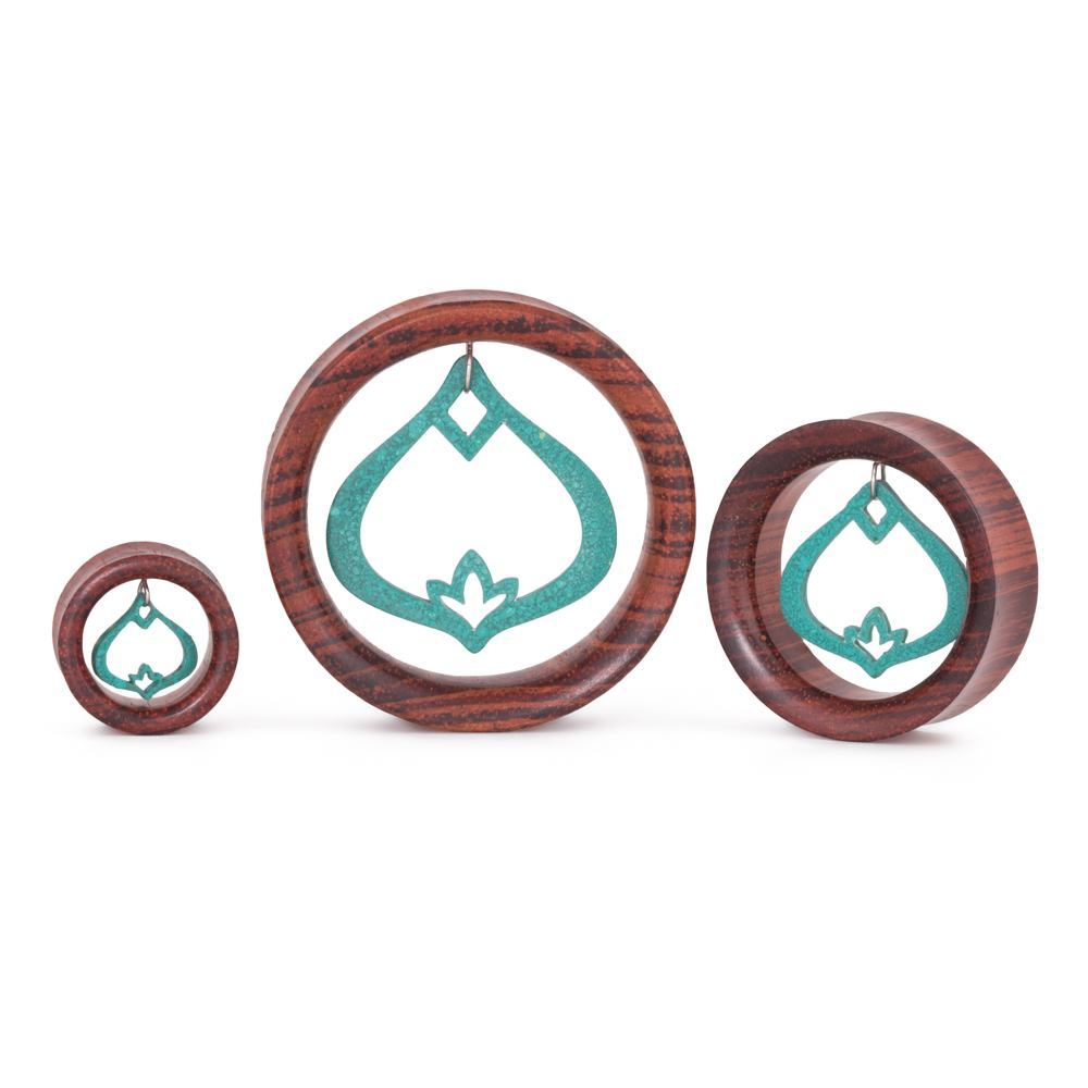 Dangling Turquoise Lakshmi's Tear Drop Lotus Red Tigerwood Tunnel - 20mm-50mm - Price Per 1