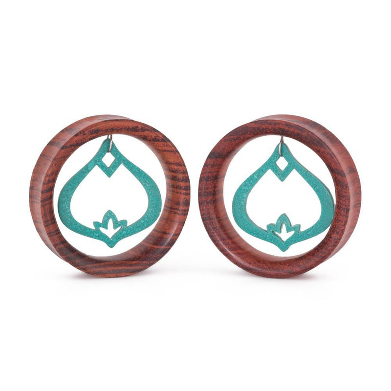 Dangling Turquoise Lakshmi's Tear Drop Lotus Red Tigerwood Tunnel - 20mm-50mm - Price Per 1