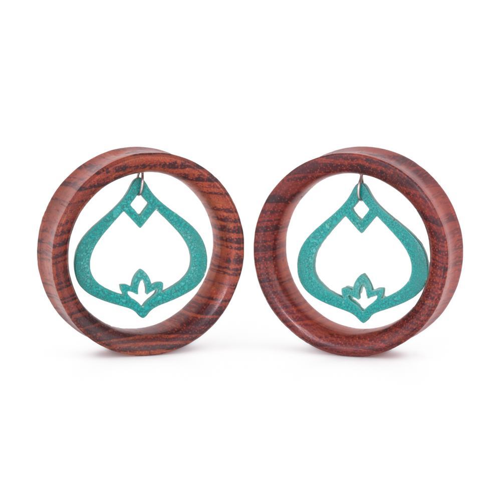 Dangling Turquoise Lakshmi's Tear Drop Lotus Red Tigerwood Tunnel - 20mm-50mm - Price Per 1