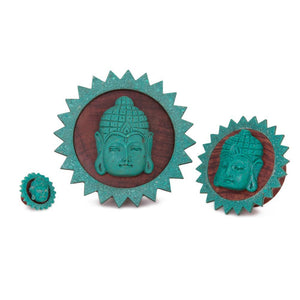 Carved Turquoise Resting Buddha Red Tigerwood Plug - 6mm-50mm - Price Per 1