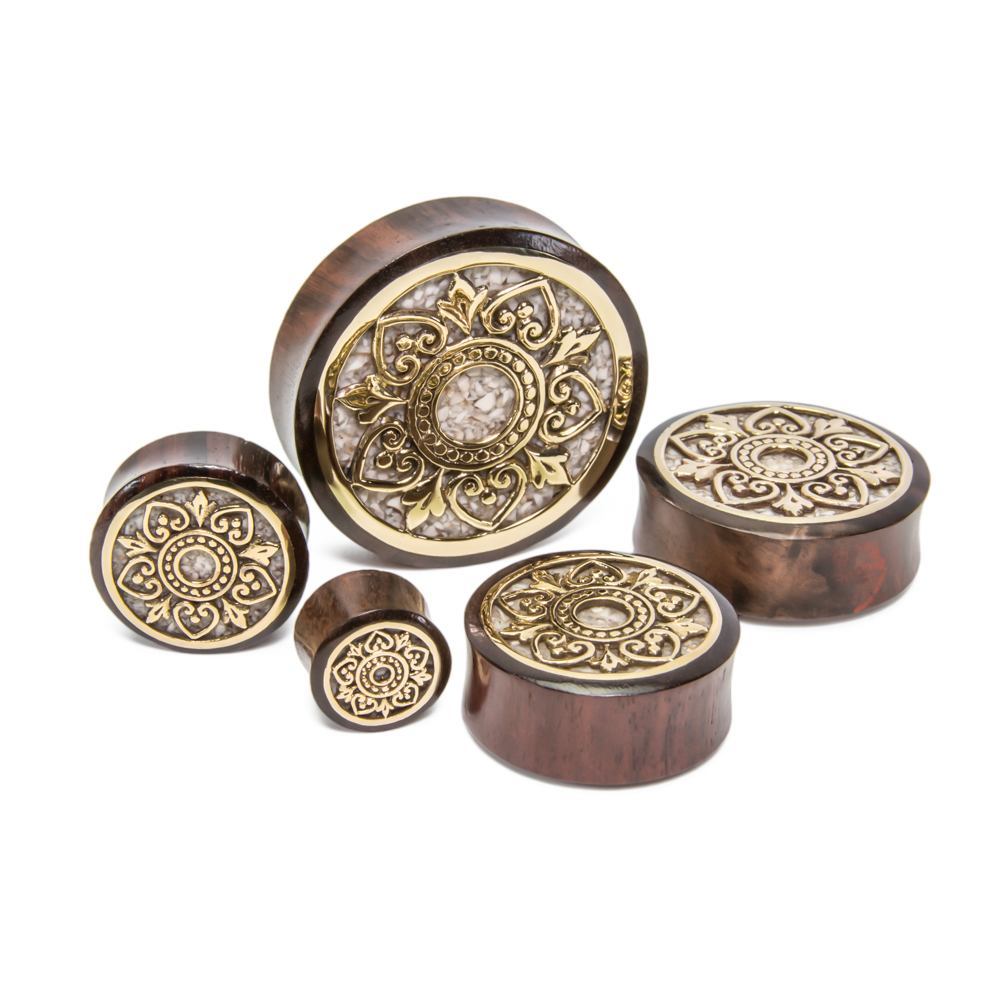 Brass Indonesian Flower Sono Wood Plug with Marble Inlay - Price Per 1