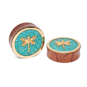 Brass Gold Plated Dragonfly Red Tigerwood Plug with Crushed Turquoise Inlay - Price Per 1