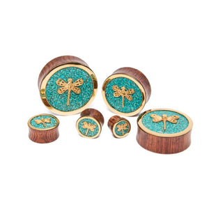 Brass Gold Plated Dragonfly Red Tigerwood Plug with Crushed Turquoise Inlay - Price Per 1