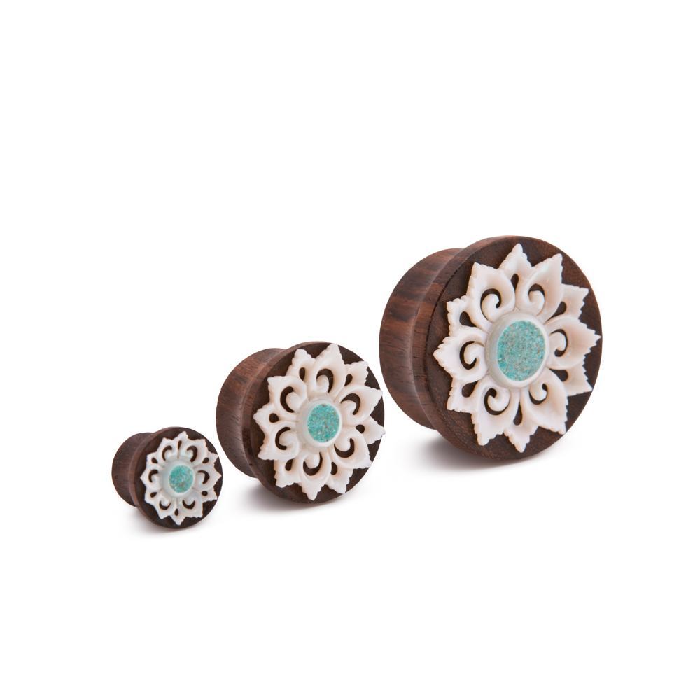 Turquoise Inlaid Mother of Pearl Flower Sono Wood Plug – 10mm-30mm – Price Per 1