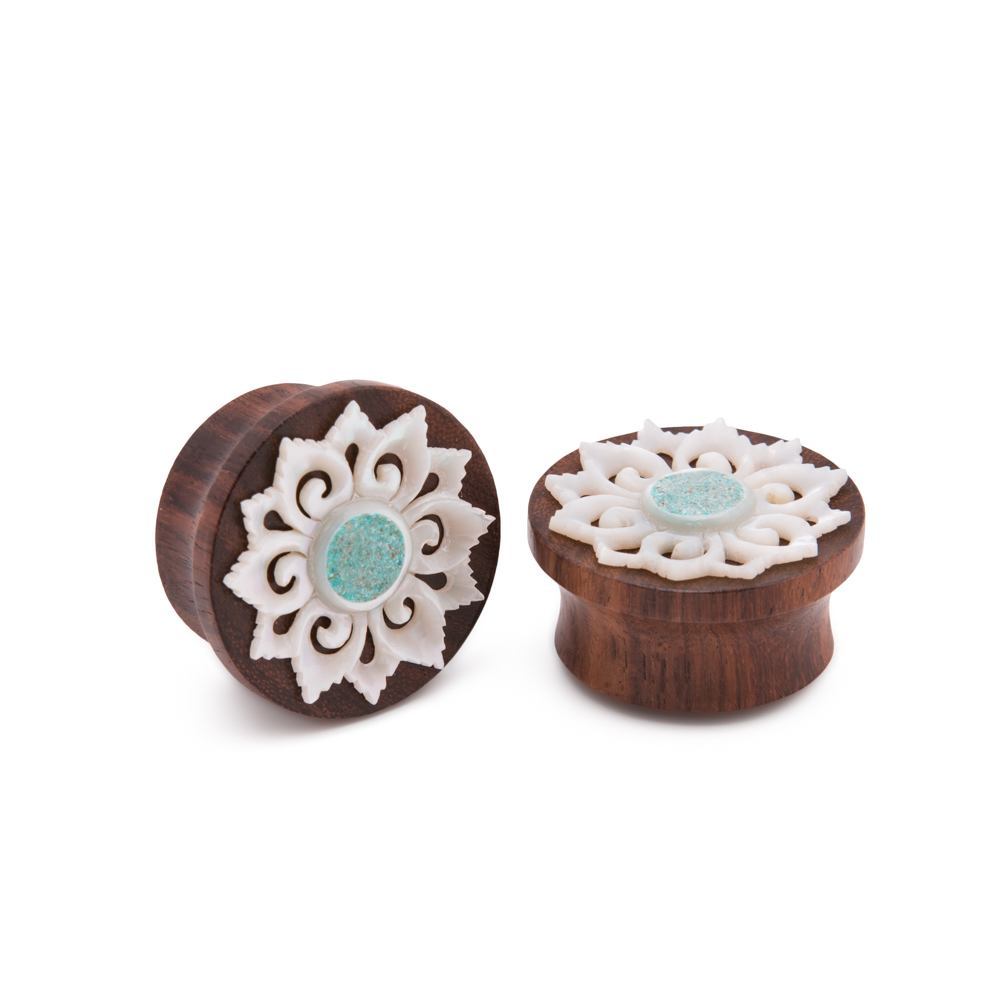 Turquoise Inlaid Mother of Pearl Flower Sono Wood Plug – 10mm-30mm – Price Per 1