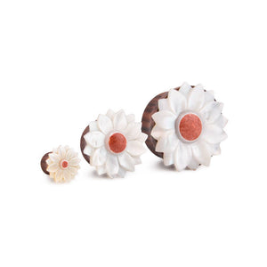Mother of Pearl Flower Sono Wood Plug with Coral Center - 8mm-30mm - Price Per 1