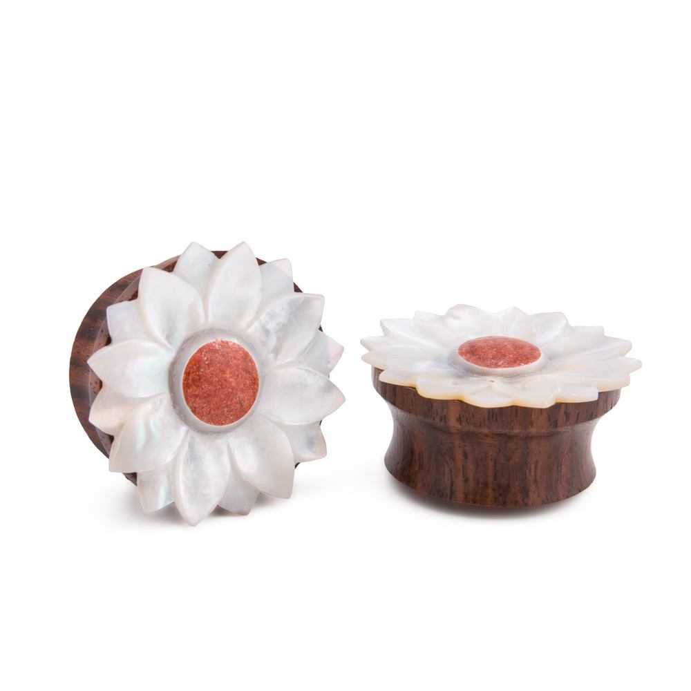 Mother of Pearl Flower Sono Wood Plug with Coral Center - 8mm-30mm - Price Per 1