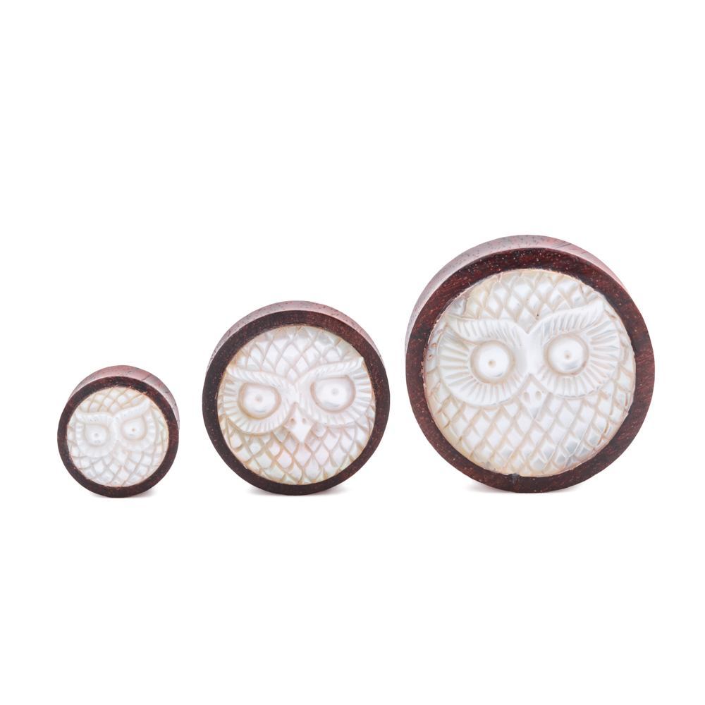 Mother of Pearl Owl Inlaid Sono Wood Plug - 14mm-30mm - Price Per 1