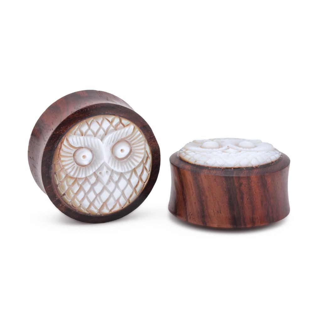 Mother of Pearl Owl Inlaid Sono Wood Plug - 14mm-30mm - Price Per 1
