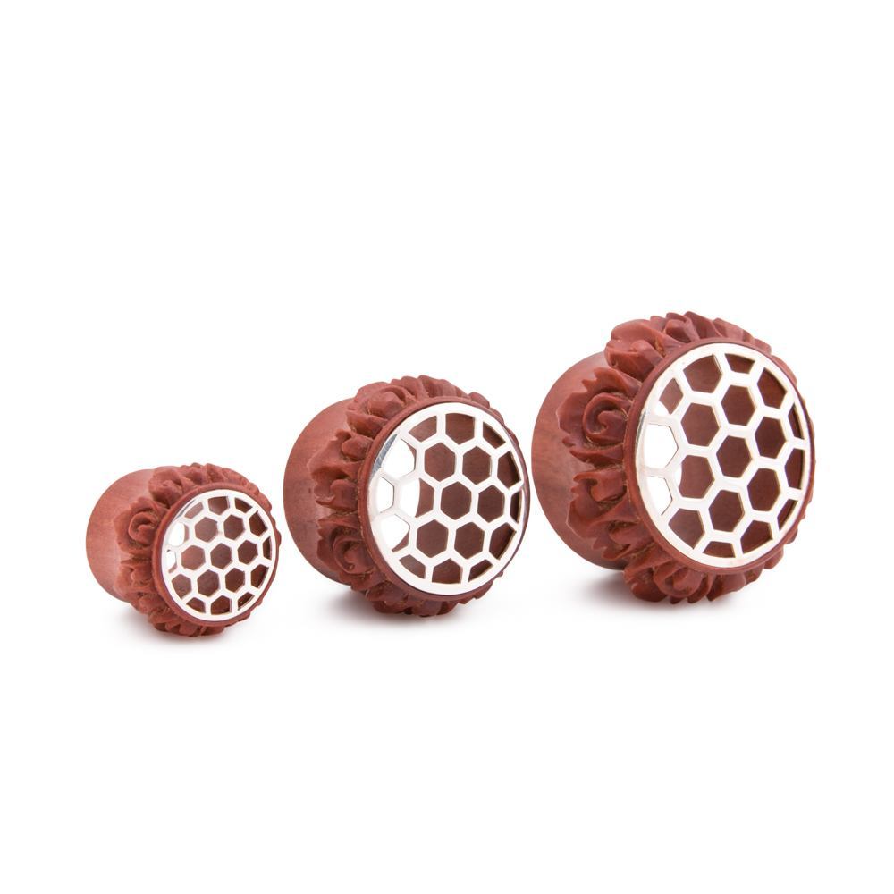 Saba Wood Plug with .925 Sterling Silver Honeycomb Inlay - 16mm-30mm - Price Per 1